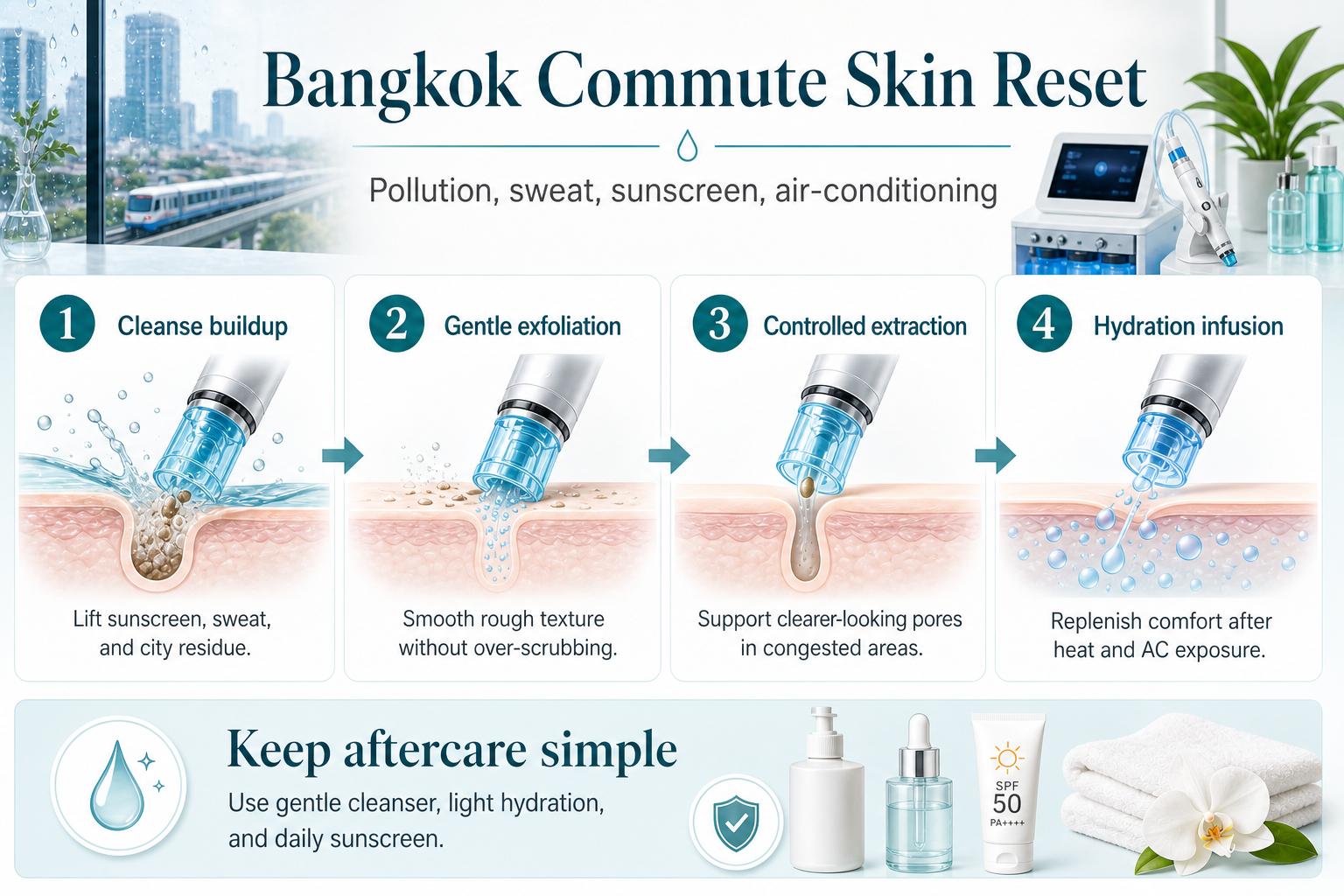 อินโฟกราฟิกการรีเซ็ตผิวหลังการเดินทางในกรุงเทพด้วย Hydrafacial