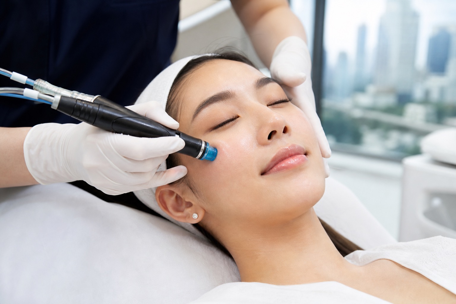 ภาพระยะใกล้ของ Hydrafacial สำหรับผิวเมืองที่มีการอุดตัน