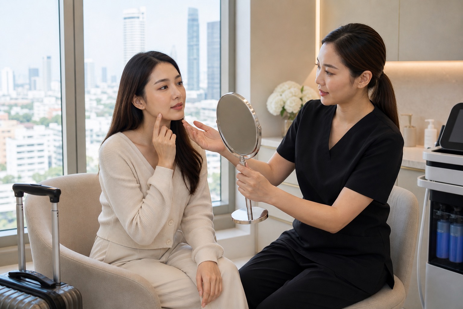 การปรึกษา Hydrafacial หลังไฟลต์ยาวในกรุงเทพ