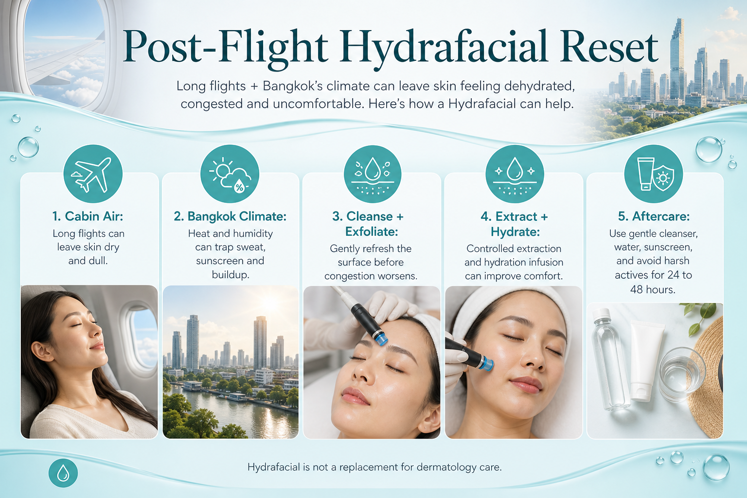 อินโฟกราฟิกอธิบายการรีเซ็ตผิวด้วย Hydrafacial หลังไฟลต์ยาวในกรุงเทพ