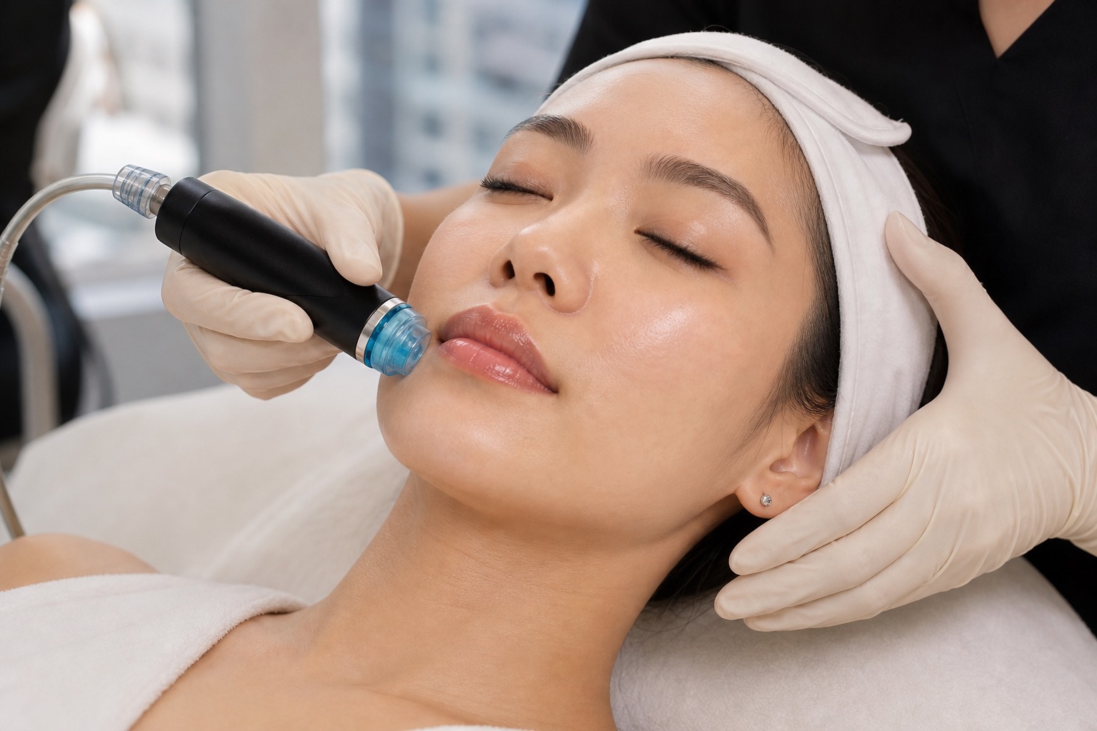 ภาพระยะใกล้ของ Hydrafacial สำหรับผิวแห้งและหมองหลังเดินทาง