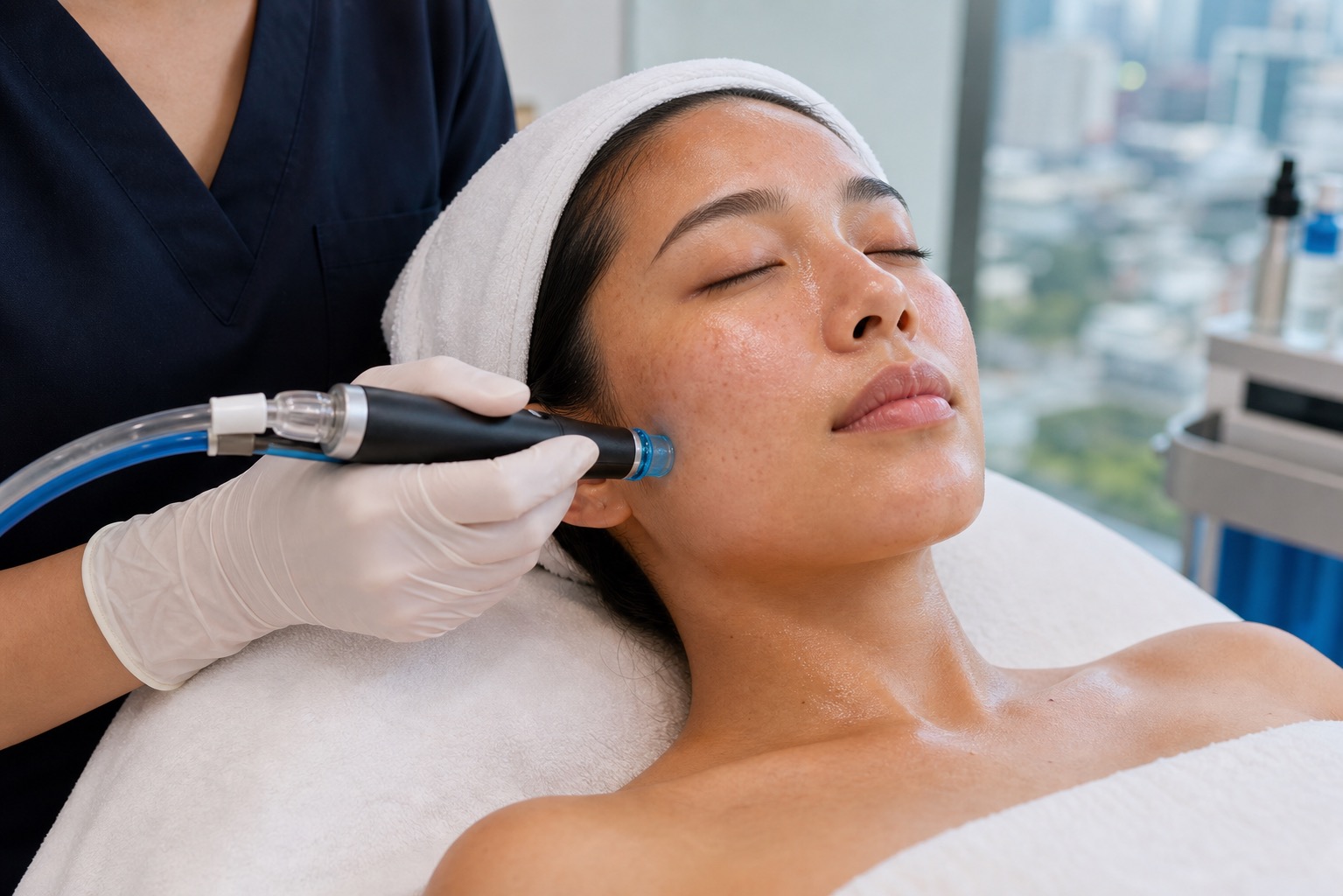 ภาพระยะใกล้ของ Hydrafacial สำหรับผิวหลังเที่ยวทะเล