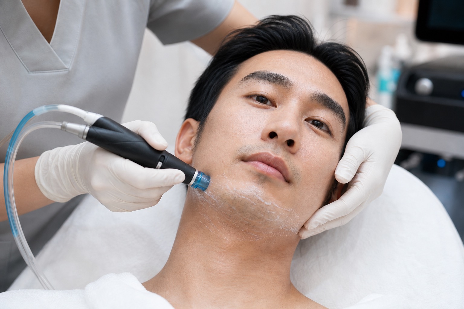 Hydrafacial treatment close-up on the jawline after shaving