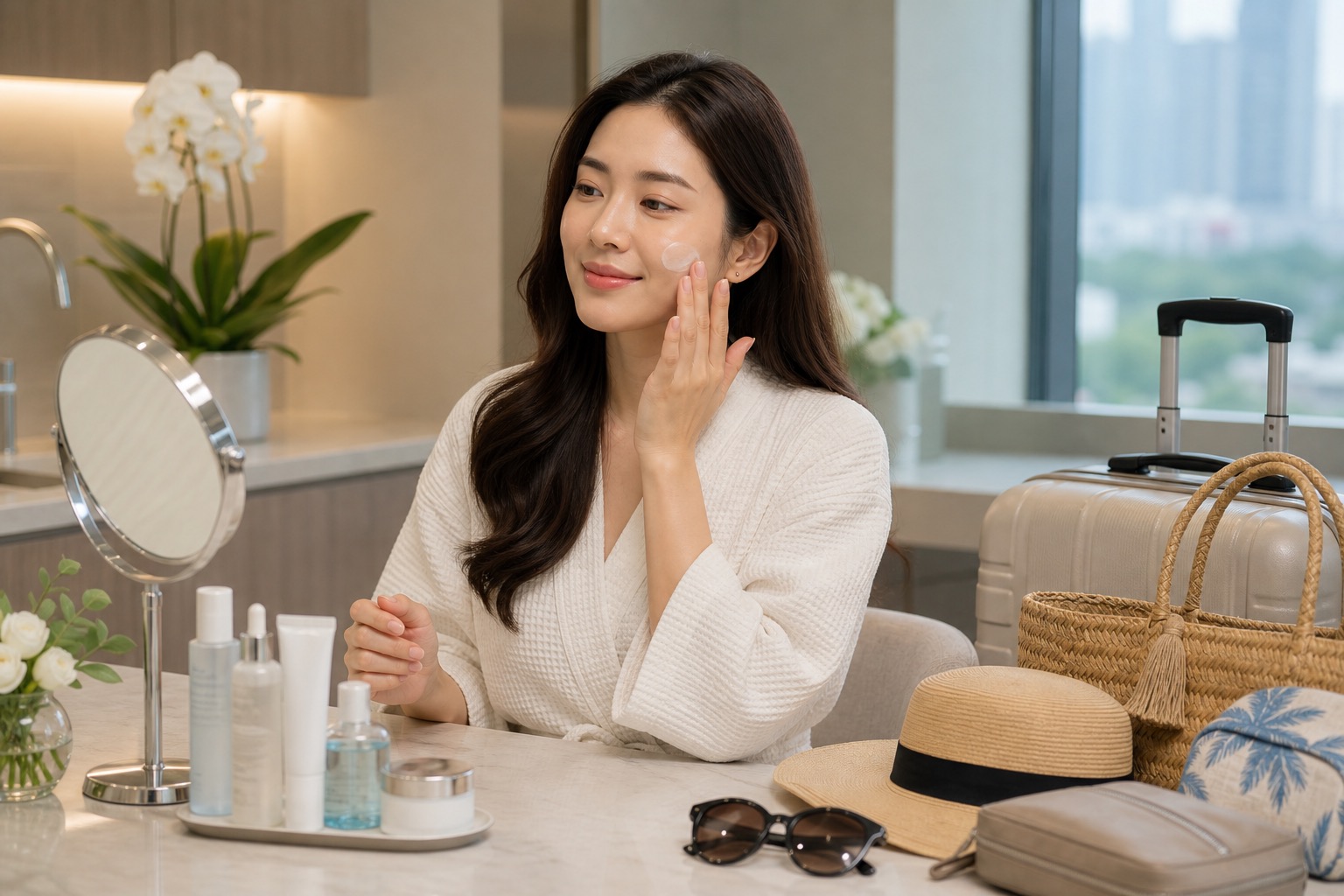 Simple skincare and sunscreen after Hydrafacial before a beach trip