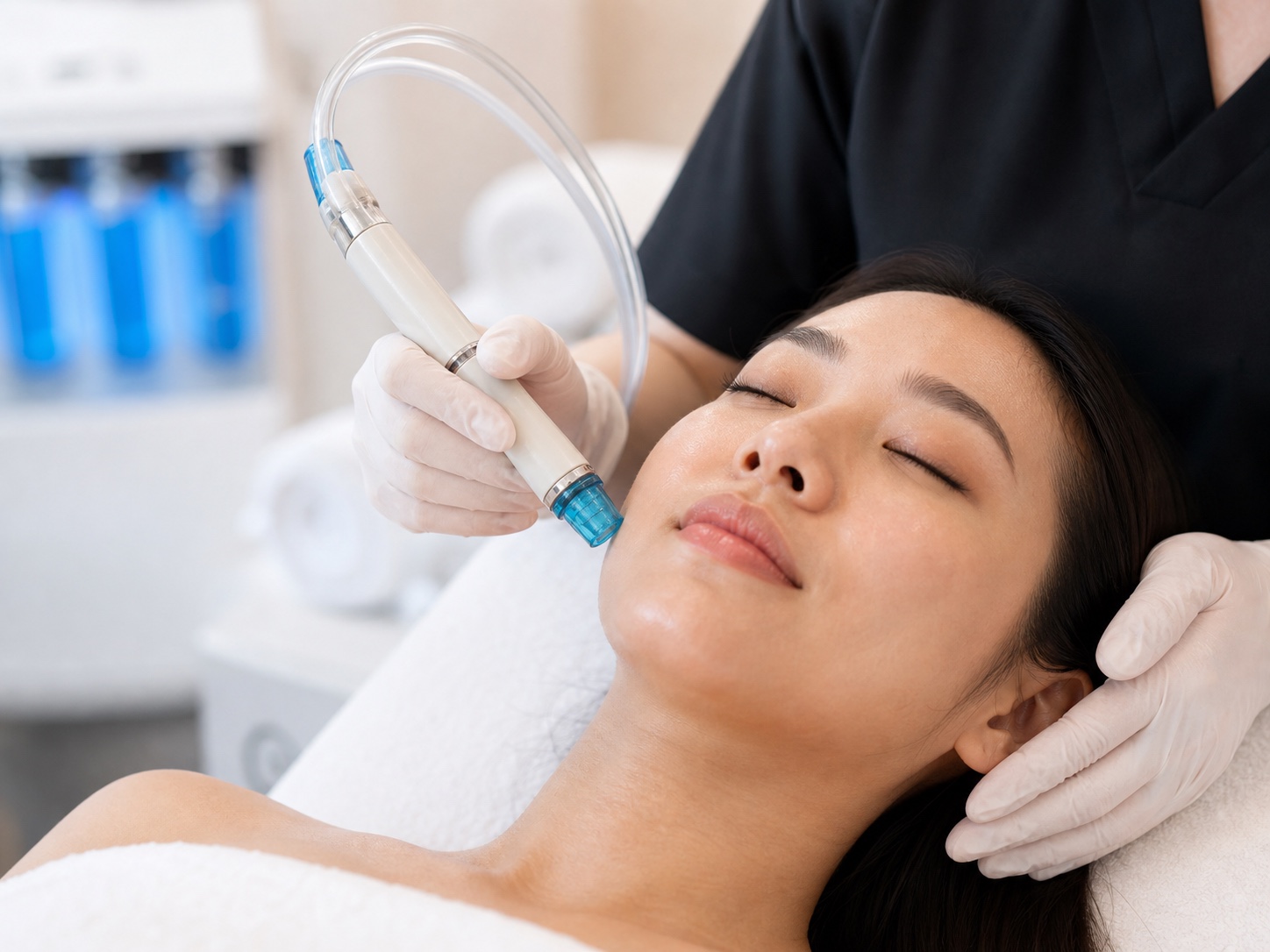 ภาพใกล้ Hydrafacial สำหรับการดูแลผิวอากาศชื้น